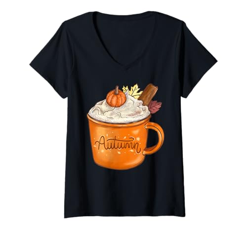 Damen Herbst Tasse Schokolade Kaffee Kürbis Zimt Sahne Blatt Geschenk T-Shirt mit V-Ausschnitt Damen Herbst Tasse Schokolade Kaffee Kürbis Zimt Sahne Blatt Geschenk T-Shirt mit V-Ausschnitt von El Finofaurio otoño autumn fall