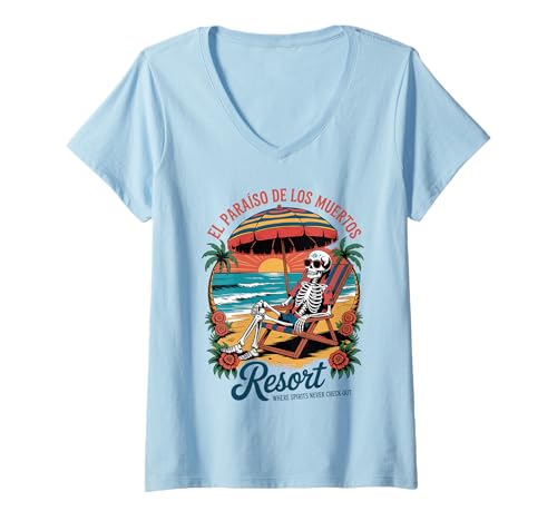 Damen Dia de los Muertos - Lustiger Tag der Toten Urlaub T-Shirt mit V-Ausschnitt von El Paraiso de los Muertos Resort - Skeleton