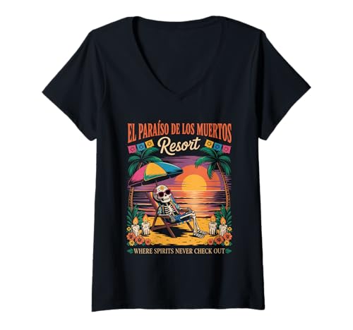 Damen EL Paraiso Beach Resort - Lustiger Tag der Toten T-Shirt mit V-Ausschnitt von El Paraiso de los Muertos Resort - Skeleton