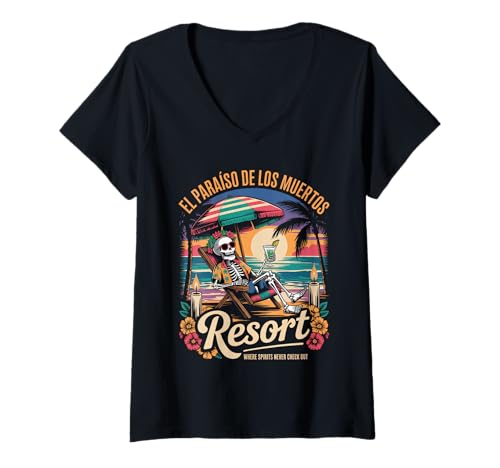 Damen Lustiges Skelett im Urlaub - Día de los Muertos T-Shirt mit V-Ausschnitt von El Paraiso de los Muertos Resort - Skeleton