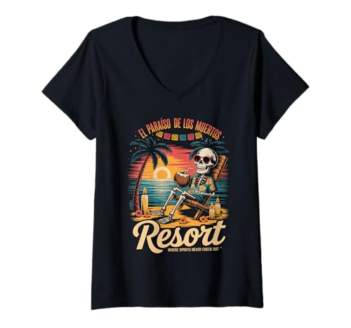 Damen Lustiges Skelett im Urlaub – niedliches lustiges Día de los Muertos T-Shirt mit V-Ausschnitt von El Paraiso de los Muertos Resort - Skeleton