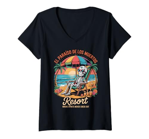 Damen Where Spirits Chill Forever - Día de los Muertos Skelett T-Shirt mit V-Ausschnitt von El Paraiso de los Muertos Resort - Skeleton