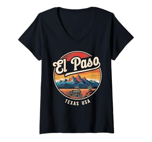 Damen EL Paso, Texas, USA, Städtereisen in den Bergen T-Shirt mit V-Ausschnitt Damen EL Paso, Texas, USA, Städtereisen in den Bergen T-Shirt mit V-Ausschnitt von El Paso Texas Travel City Mountain Explorer Star