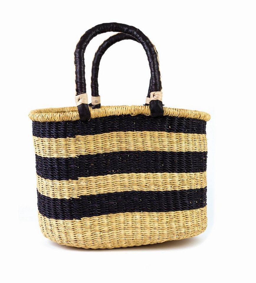 El Puente Einkaufskorb Bolga-Einkaufstasche aus Gras & Leder, gestreift, ca. 43 x 40 x 20 cm von El Puente