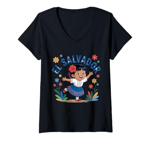 Damen EL Salvador Joyful Girl Traditionelles Outfit T-Shirt mit V-Ausschnitt Damen EL Salvador Joyful Girl Traditionelles Outfit T-Shirt mit V-Ausschnitt von El Salvador Cultural Heritage Art Vibrant