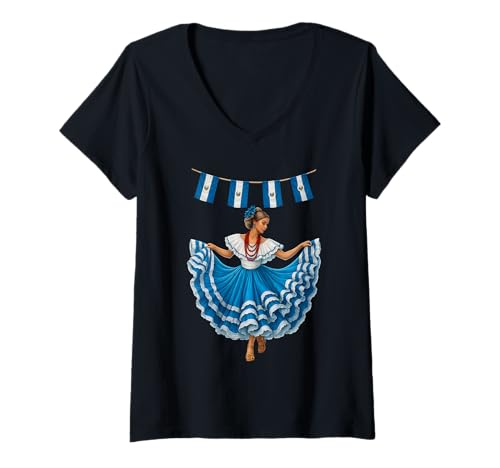 Damen EL Salvador Flagge Salvadorianische Mädchen Tänzerin hispanisches Erbe T-Shirt mit V-Ausschnitt Damen EL Salvador Flagge Salvadorianische Mädchen Tänzerin hispanisches Erbe T-Shirt mit V-Ausschnitt von El Salvador Flag Kid Girl Women Salvadoran Apparel