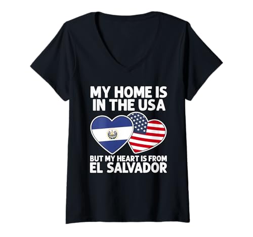 Damen Mein Zuhause USA Mein Herz EL Salvador Salvadoran American Pride T-Shirt mit V-Ausschnitt von El Salvador Pride Flag Apparel