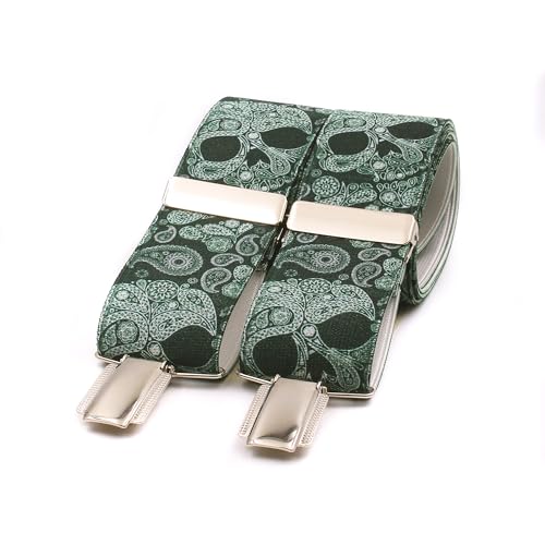 El Mono con Pajarita Hosenträger Herren, handgefertigt in Spanien | Hosenträger für Herren mit 3 extra starken Clips. | Totenkopf und Kaschmir Druck. (Calaveras Verde) von El mono con pajarita