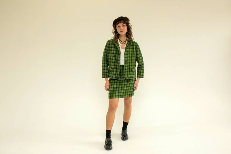 Vintage 1960Er Jahre Wool Tweed Green Blazer Und Rock Anzug Set/"60S Matching von ElaNavegaStore