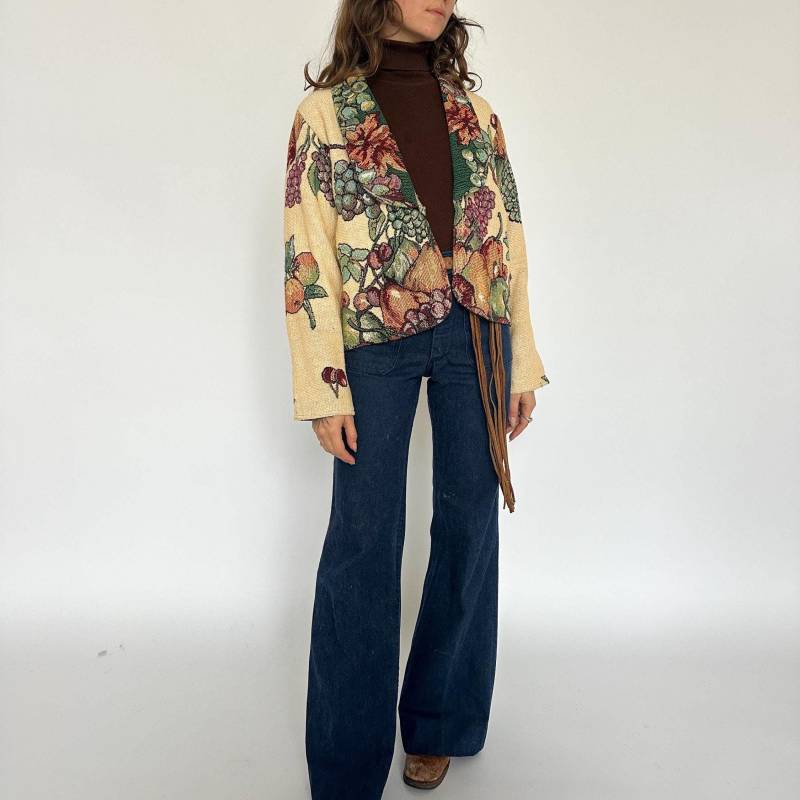 Vintage 1970S Gobelin Jacke Obst & Trauben, Vorne Offen von ElaNavegaStore