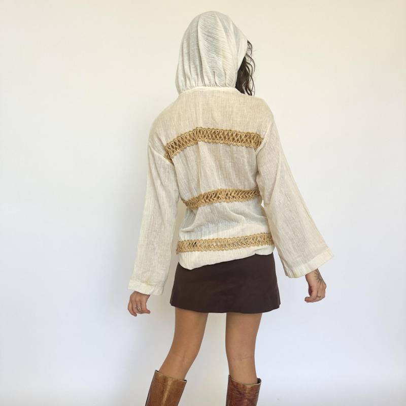 Vintage 1970S Musselin Baumwolle Leichte Jacke Mit Kapuze/Zwirneinsätze Ausgestellte Ärmel Boho S-M von ElaNavegaStore