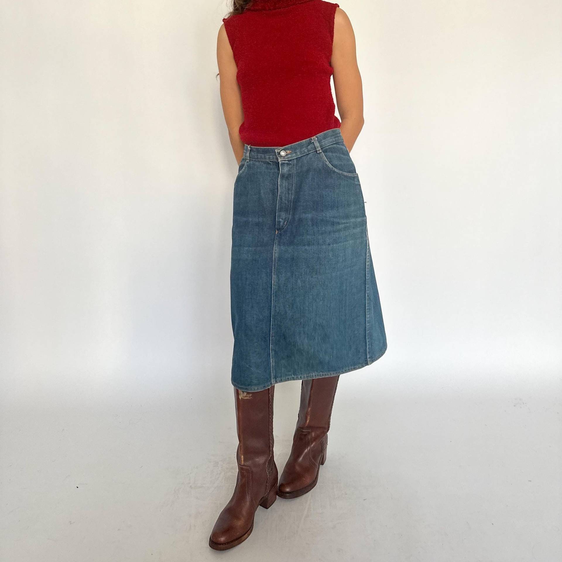 Vintage 1980S - 1990S Rock/Mittellanger Jeansrock Kontrastnähte Schmaler von ElaNavegaStore