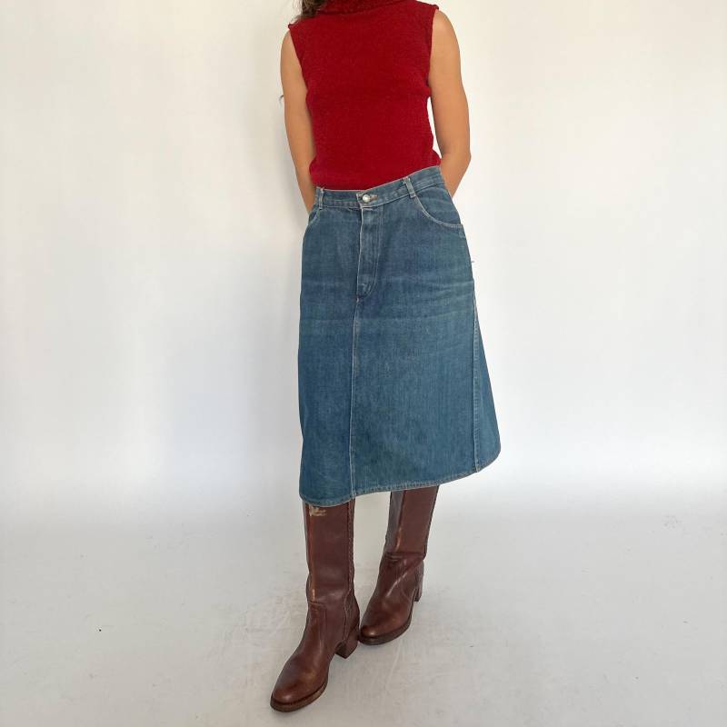 Vintage 1980S - 1990S Rock/Mittellanger Jeansrock Kontrastnähte Schmaler von ElaNavegaStore