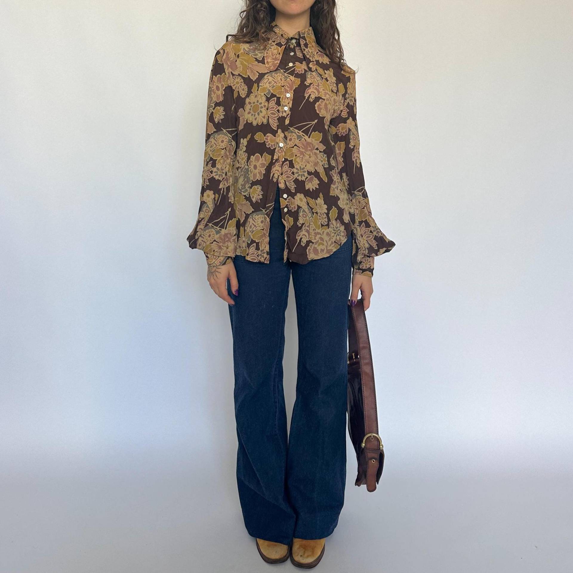 Vintage 70Er Jahre Jeff Banks Seidenbluse Ballon-Ärmel-Top von ElaNavegaStore