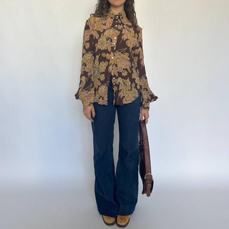 Vintage 70Er Jahre Jeff Banks Seidenbluse Ballon-Ärmel-Top von ElaNavegaStore