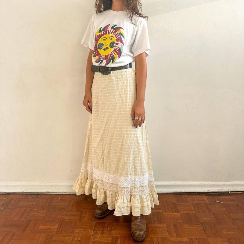 Vintage 70Er Jahre Rock Prärie Häkelrock Baumwolle Maxi in Pastellgelb, Xs von ElaNavegaStore
