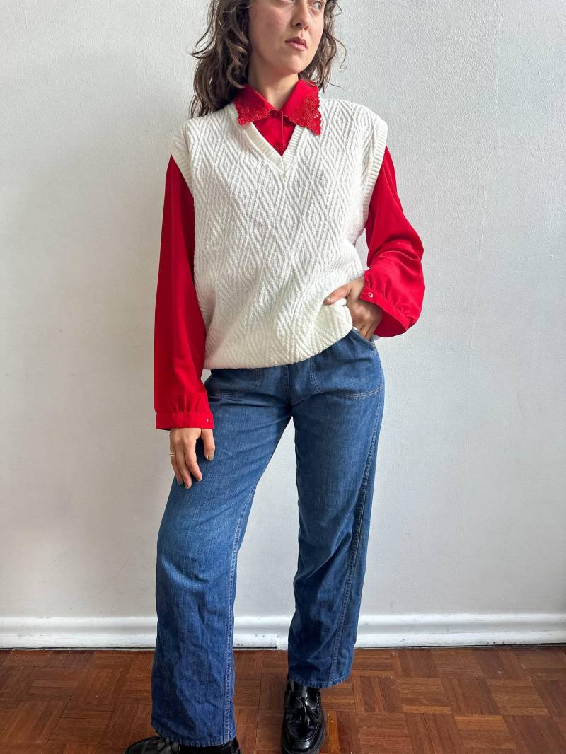 Vintage 80Er Acryl Strickweste/V-Ausschnitt Strukturmuster L-xl von ElaNavegaStore