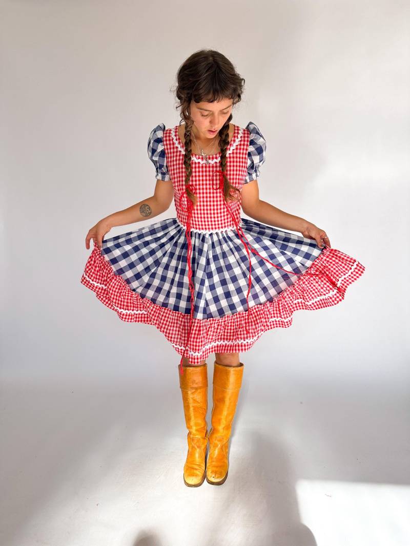 Vintage Kariertes Präriekleid/Cottage Rot Und Blau Vichy Karo Square Dance 1960Er 1970Er Jahre Xs von ElaNavegaStore