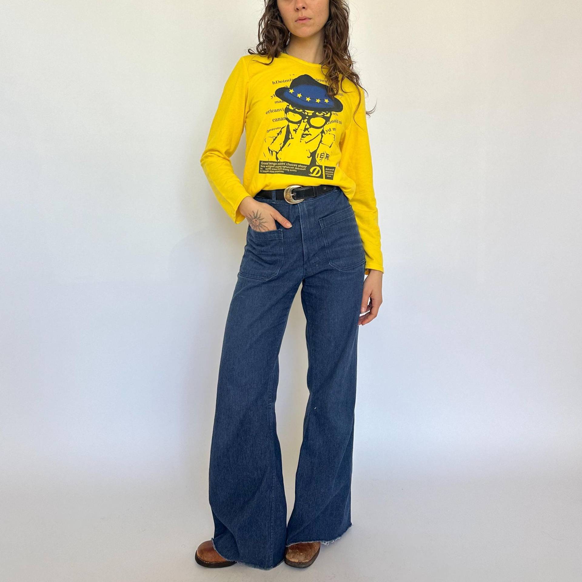 Y2K Grafik Print Langarm Top Vintage Gelb Baumwollmischung | S-M von ElaNavegaStore