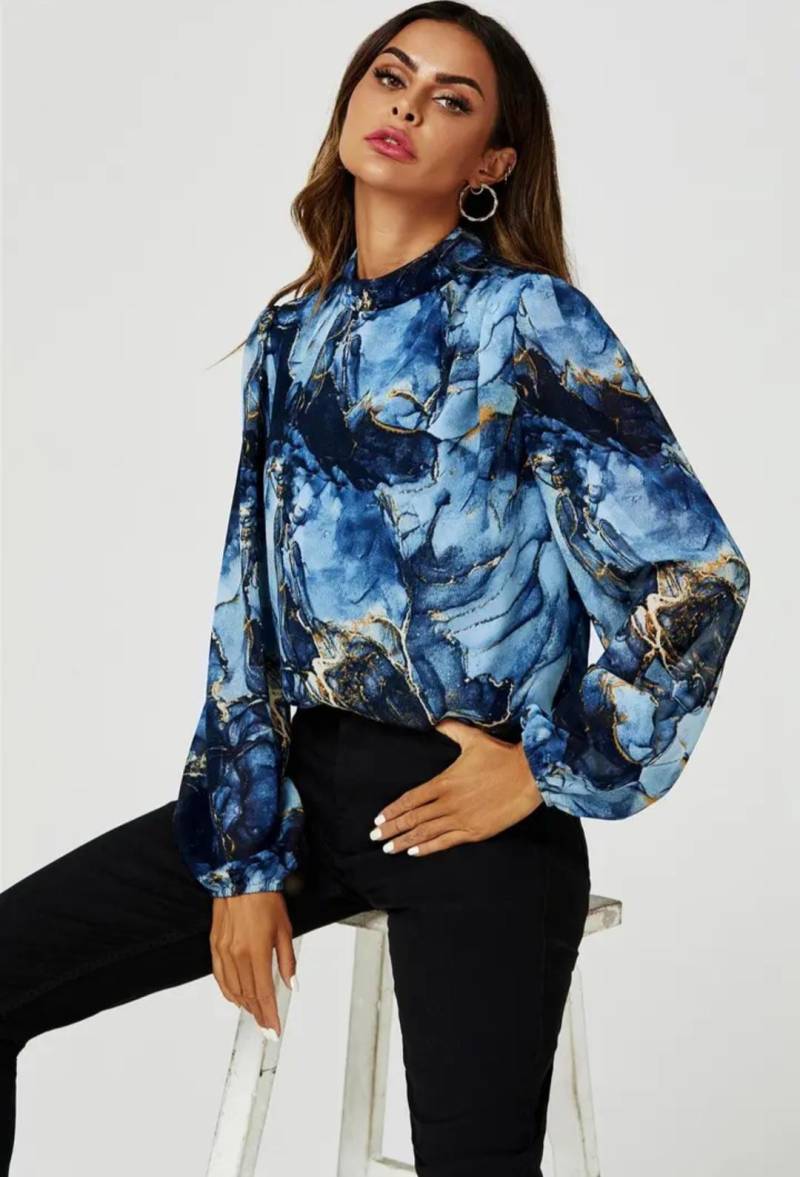 Langarm Bluse in Marmor Muster Marineblau Versch. Größe von ElaaStoryStore