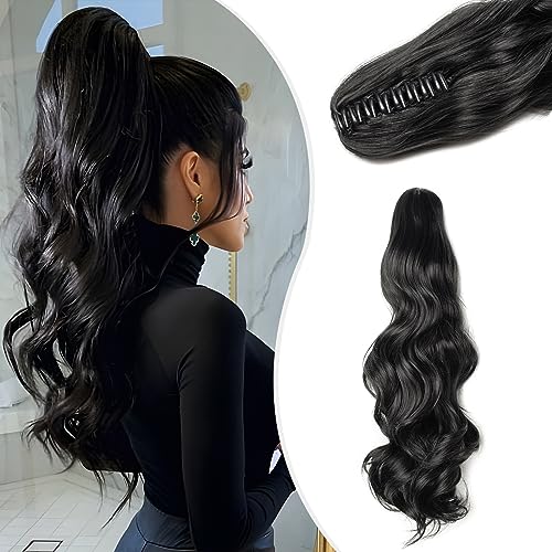 Elailite 45cm Zopf Pferdeschwanz Clip in Ponytail Extensions Lang Gewellt Haarteil Klammer Kunsthaar Haarzopf Haarverlängerung Fake Pony für Damen 140g # Schwarz von Elailite