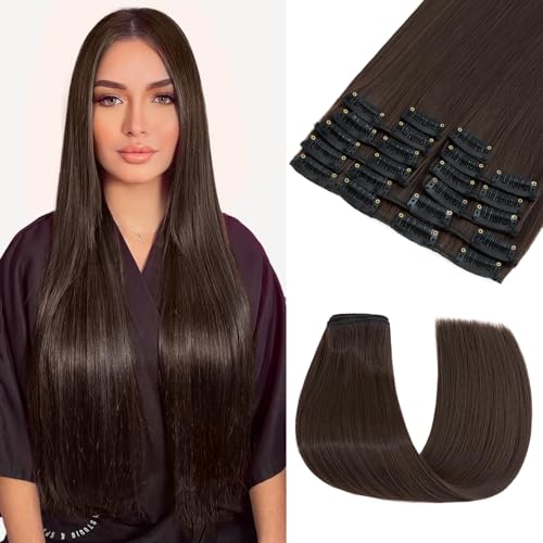 Elailite Clip in Extensions 12 Pcs Haarverlängerung Haarteil Glattes günstig [Moosbraun] 12 Tressen Lang 55cm Haarteile Haarextension Clips für Damen 180g von Elailite