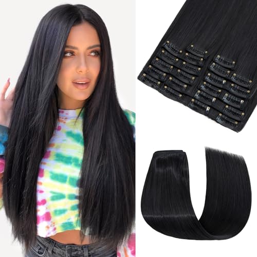 Elailite Clip in Extensions 12 Pcs Haarverlängerung Haarteil Glattes günstig [Schwarz] 12 Tressen Lang 55cm Haarteile Haarextension Clips für Damen 180g von Elailite