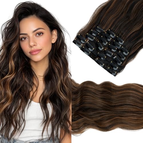 Elailite Clip In Extensions Hair Dunkelbraun/Hellbraun 12 Pcs Haarextension Clips Haarverlängerung Günstig Gewelltes Haar Kunsthaar 12 Tressen Haarteil für Damen von Elailite