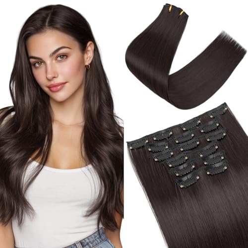 Elailite Clip In Extensions Hair Dunkelbraun 6 Pcs Haarextension Clips 60cm Haarverlängerung Günstig Glatt Haar Kunsthaar 6 Tressen Haarteil für Damen von Elailite