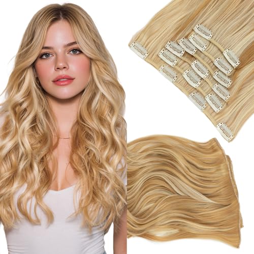 Elailite Clip In Extensions Hair Goldblond/Hellblond 6 Pcs Haarextension Clips 55cm Haarverlängerung Günstig Gewelltes Haar Kunsthaar 6 Tressen Haarteil für Damen von Elailite