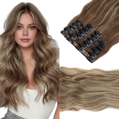 Elailite Clip In Extensions Hair Hellbraun Mix Aschblond 12 Pcs Haarextension Clips Haarverlängerung Günstig Gewelltes Haar Kunsthaar 12 Tressen Haarteil für Damen von Elailite