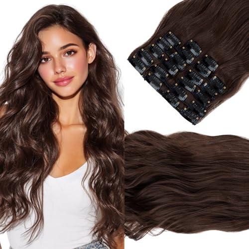 Elailite Clip In Extensions Hair Moosbraun 12 Pcs Haarextension Clips Haarverlängerung Günstig Gewelltes Haar Kunsthaar 12 Tressen Haarteil für Damen von Elailite