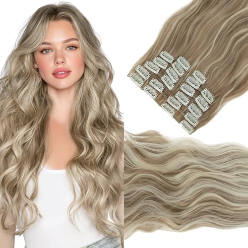 Elailite Clip In Extensions Hair Sandiges Blond Mix Bleichblond 12 Pcs Haarextension Clips Haarverlängerung Günstig Gewelltes Haar Kunsthaar 12 Tressen Haarteil für Damen von Elailite