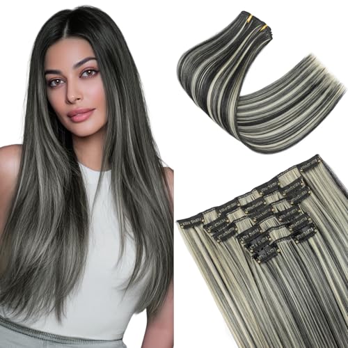 Elailite Clip In Extensions Hair Schwarz/Hellblond 6 Pcs Haarextension Clips 60cm Haarverlängerung Günstig Glatt Haar Kunsthaar 6 Tressen Haarteil für Damen von Elailite