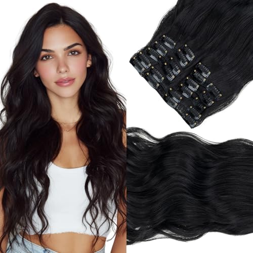 Elailite Clip In Extensions Hair Schwarz 12 Pcs Haarextension Clips Haarverlängerung Günstig Gewelltes Haar Kunsthaar 12 Tressen Haarteil für Damen von Elailite