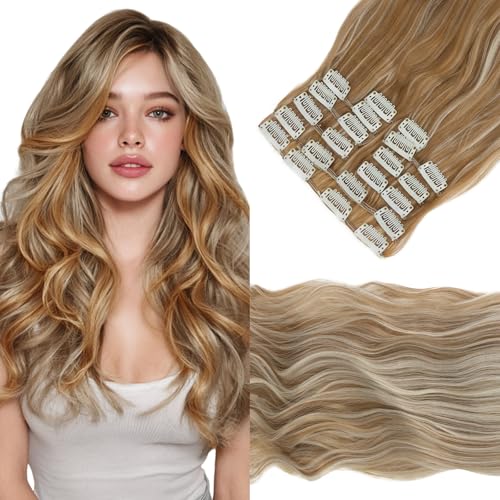 Elailite Clip In Extensions Hair Strand-/Bleichblond 12 Pcs Haarextension Clips Haarverlängerung Günstig Gewelltes Haar Kunsthaar 12 Tressen Haarteil für Damen von Elailite