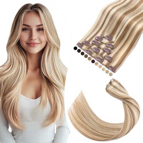 Elailite Clip in Extensions Echthaar, 5 Pcs Remy Haarverlängerung mit 12 Clips, 35cm-60g Glattes Haarteile Natürlich Haarextension für Frauen Damen #12P613 Goldbraun mix Hellblond von Elailite