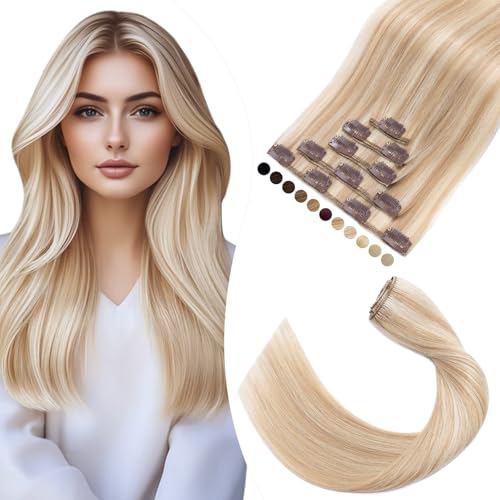 Elailite Clip in Extensions Echthaar, 5 Pcs Remy Haarverlängerung mit 12 Clips, 35cm-60g Glattes Haarteile Natürlich Haarextension für Frauen Damen #18P613 Aschblond mix Hellblond von Elailite
