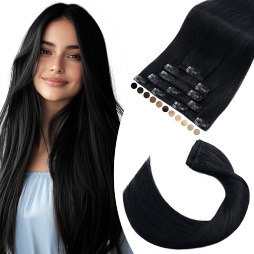 Elailite Clip in Extensions Echthaar, 5 Pcs Remy Haarverlängerung mit 12 Clips, 40cm-60g Glattes Haarteile Natürlich Haarextension für Frauen Damen #1 Schwarz von Elailite