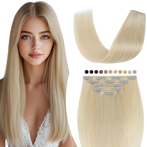 Elailite Clip in Extensions Echthaar, 5 Pcs Remy Haarverlängerung mit 12 Clips, 40cm-60g Glattes Haarteile Natürlich Haarextension für Frauen Damen #60 Bleichblond von Elailite