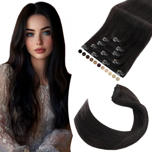Elailite Clip in Extensions Echthaar, 5 Pcs Remy Haarverlängerung mit 12 Clips, 45cm-70g Glattes Haarteile Natürlich Haarextension für Frauen Damen #1B Naturschwarz von Elailite