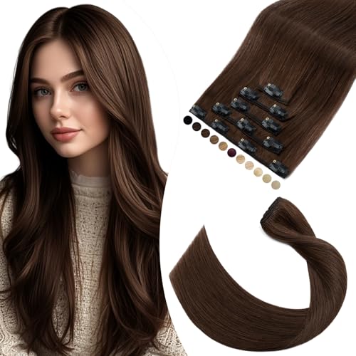 Elailite Clip in Extensions Echthaar, 5 Pcs Remy Haarverlängerung mit 12 Clips, 45cm-70g Glattes Haarteile Natürlich Haarextension für Frauen Damen #4 Mittel braun von Elailite