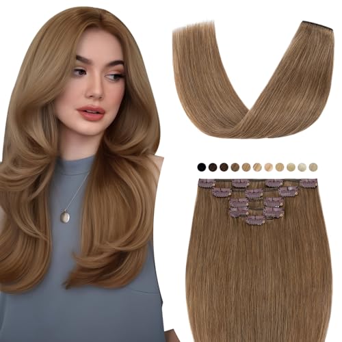 Elailite Clip in Extensions Echthaar, 5 Pcs Remy Haarverlängerung mit 12 Clips, 55cm-75g Glattes Haarteile Natürlich Haarextension für Frauen Damen #6 Hellbraun von Elailite