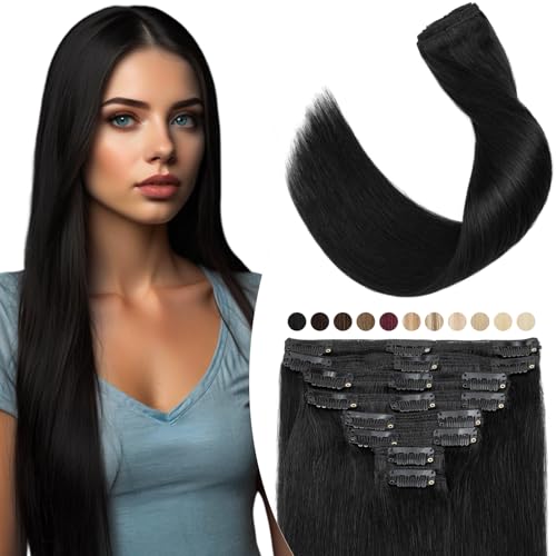 Elailite Clip in Extensions Echthaar Doppelt Tressen für Mädchen Haarverlängerung Haarteil 8 Teilig 18 Clips Human Haar Glatt 30cm-115g #1 Schwarz von Elailite