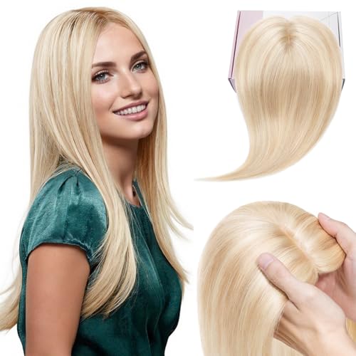 Elailite Clip in Hair Topper, Frauen Toupet Haarteil Echthaar, 45cm Clip in Echthaar Extensions Haar Topper, 130% Dichte Remy Silk Base Glatt 18" #18P613 Aschblond＆Gebleichtes Blond von Elailite