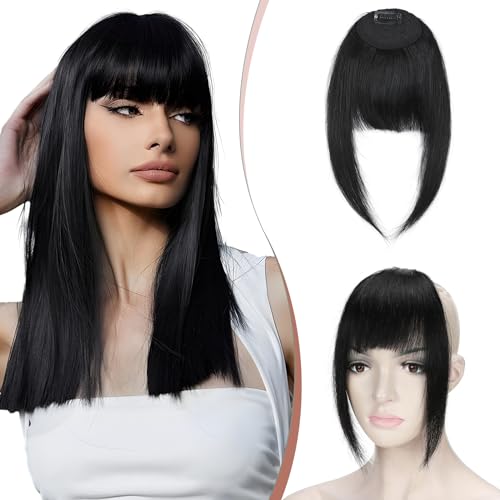 Elailite Clip in Pony Echthaar #1 Schwarz, Fringe Haarteil Bangs Human Hair Extensions Natürliche with Tempel Haarteile Haarverlängerung für Frauen (French Bangs) von Elailite
