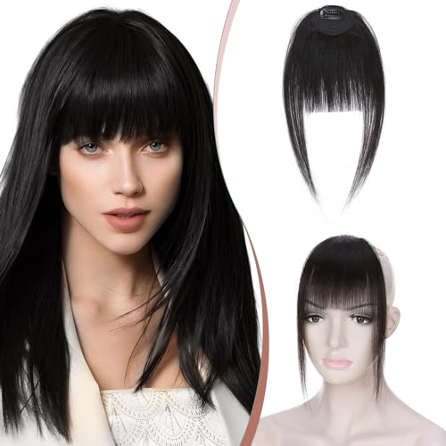Elailite Clip in Pony Echthaar #1B Naturschwarz, Fringe Haarteil Bangs Human Hair Extensions Natürliche with Tempel Haarteile Haarverlängerung für Frauen (Neat Bangs) von Elailite