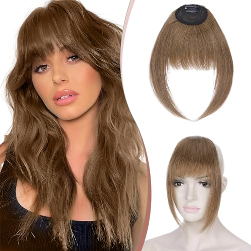Elailite Clip in Pony Echthaar #6 Mittelbraun, Fringe Haarteil Bangs Human Hair Extensions Natürliche with Tempel Haarteile Haarverlängerung für Frauen (French Bangs) von Elailite