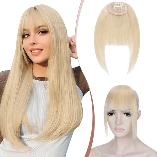 Elailite Clip in Pony Echthaar #60 Platinumblond, Fringe Haarteil Bangs Human Hair Extensions Natürliche with Tempel Haarteile Haarverlängerung für Frauen (French Bangs) von Elailite