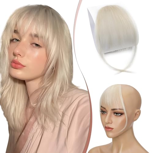 Elailite Clip in Pony Echthaar Blond Haarteil Fringe Human Hair Extensions Natürliche with Tempel Haarteile Haarverlängerung Wispy Bangs für Frauen #60 Platinumblond von Elailite